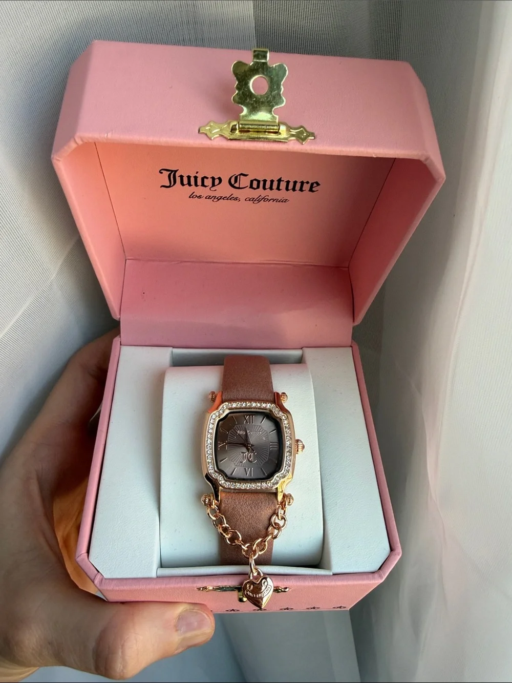 Juicy Couture Rose Gold-Tone Watch with Brown Leather Strap & Heart Charm